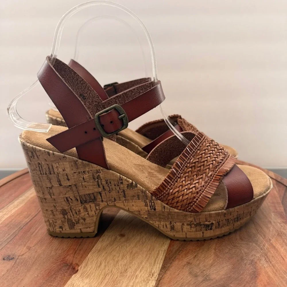 Jellpop Sharna Brown Woven Fringe Womens 8M Cork Platform‎ Wedge Sandals